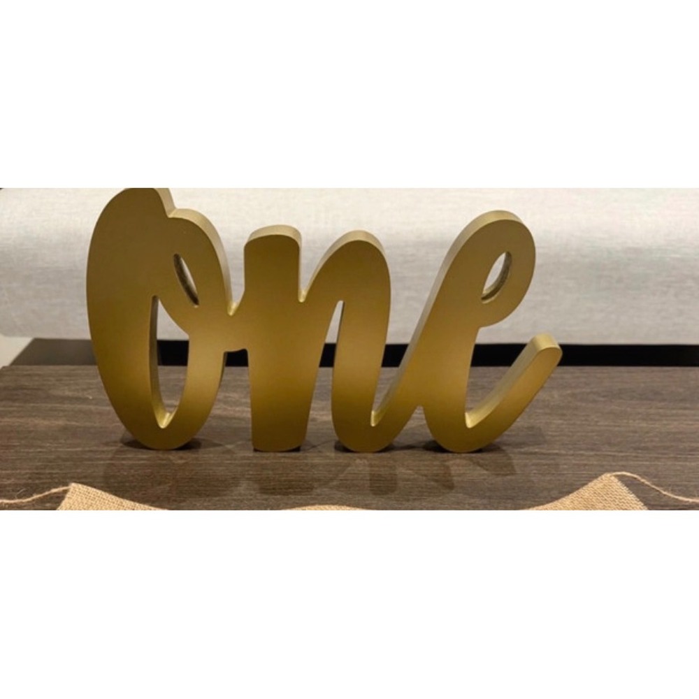Gold One Standing Block Sign 14in First Birthday Table Centerpiece Decoration